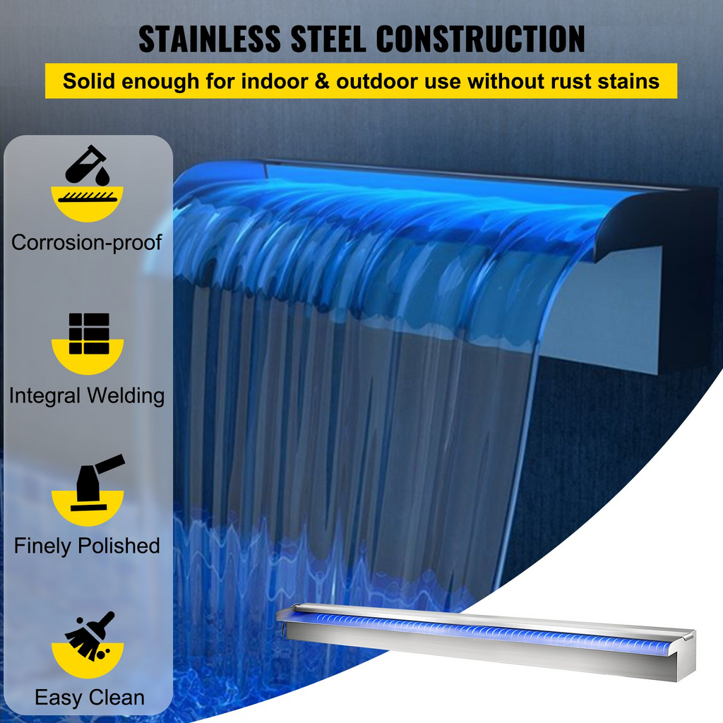 Fuente de piscina VEVOR de 120 x 11,4 x 7,9 cm de acero inoxidable con tira de luces LED
