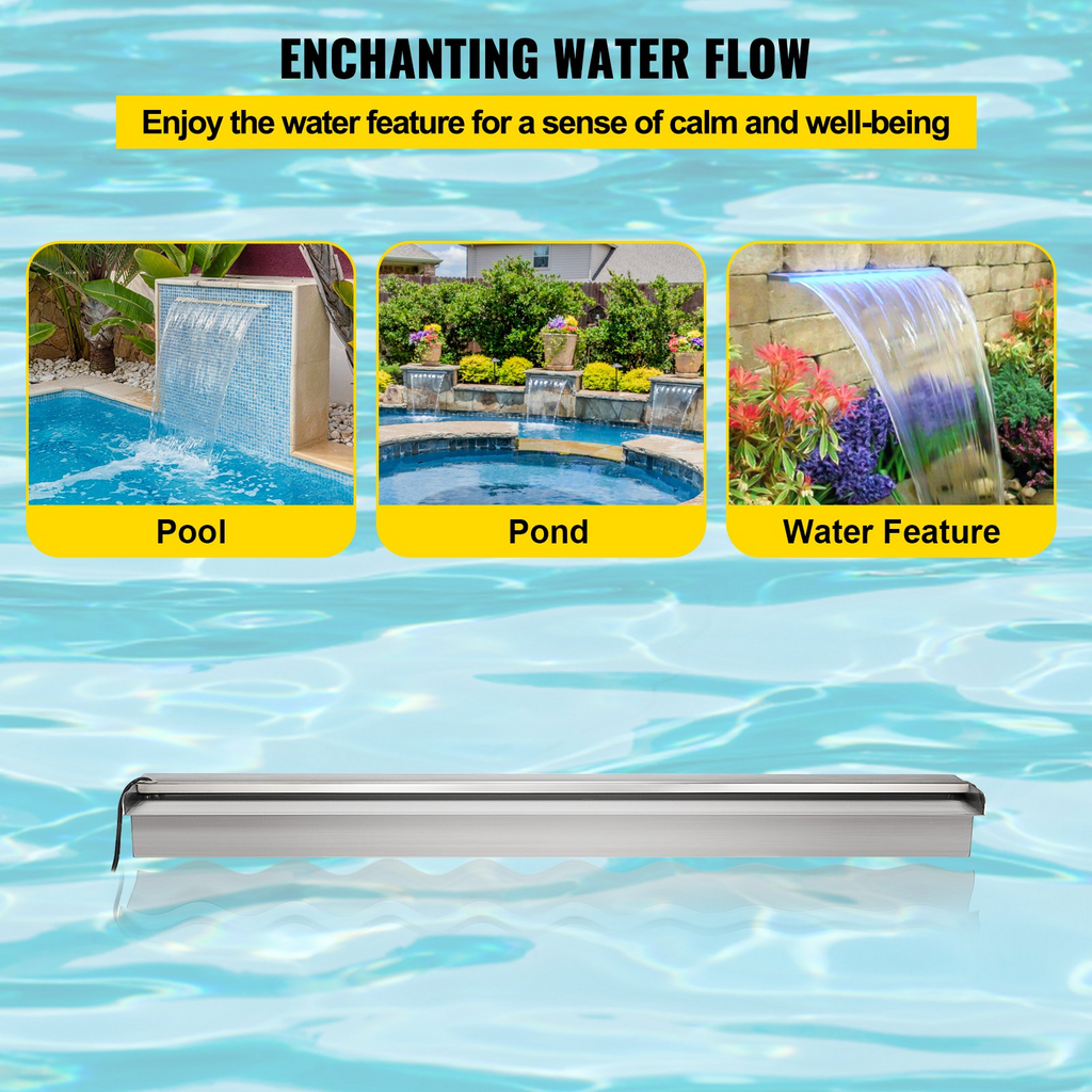 Fuente de piscina VEVOR de 120 x 11,4 x 7,9 cm de acero inoxidable con tira de luces LED