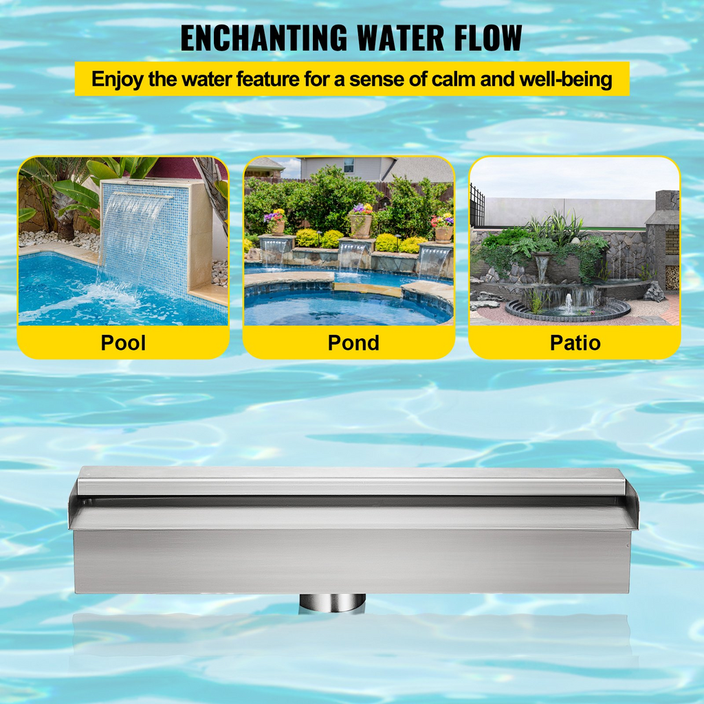Fuente de piscina VEVOR de acero inoxidable con cascada y conector de tubería rectangular para jardín y exterior (11,8")