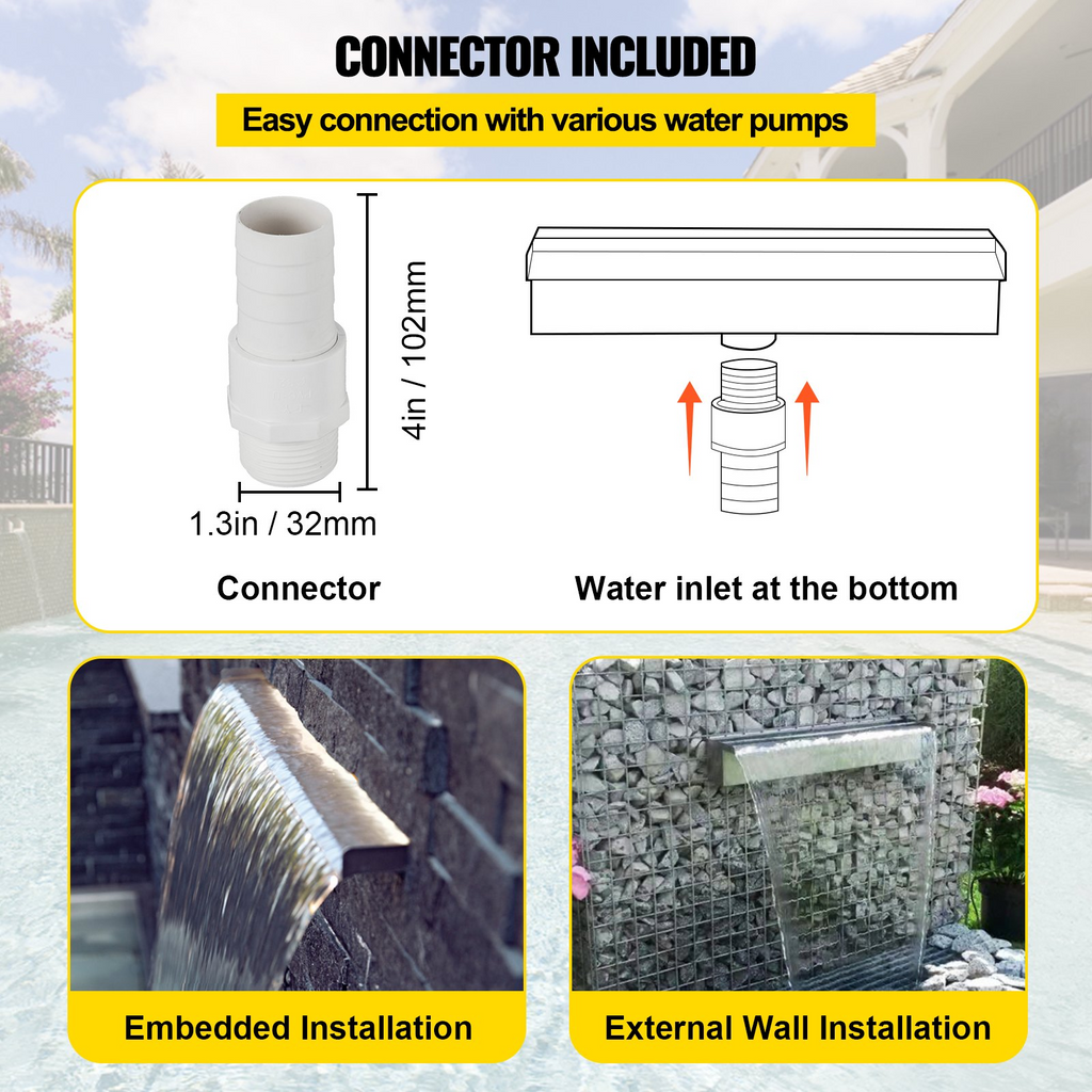 Fuente de piscina VEVOR de acero inoxidable con cascada y conector de tubería rectangular para jardín y exterior (11,8")