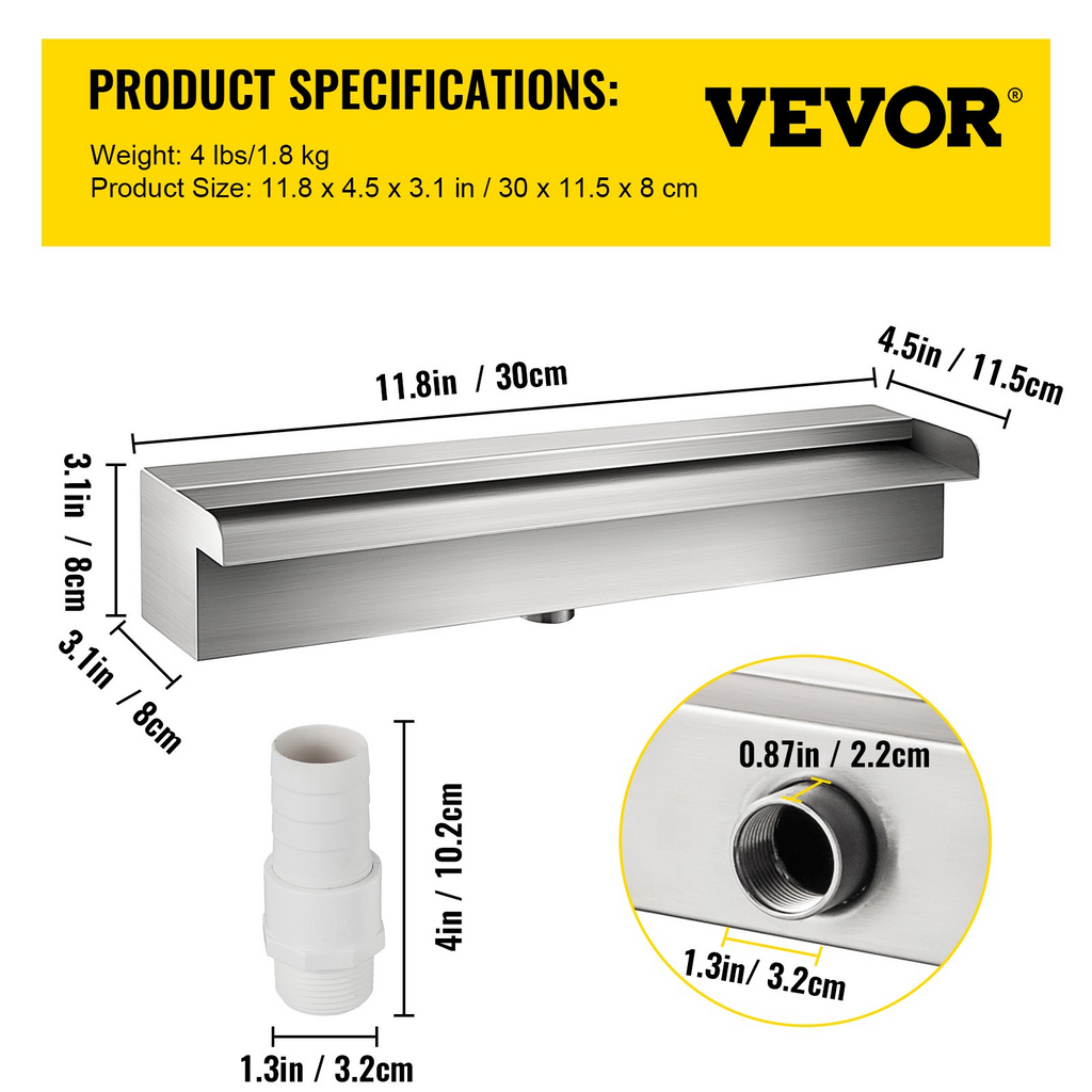 Fuente de piscina VEVOR de acero inoxidable con cascada y conector de tubería rectangular para jardín y exterior (11,8")