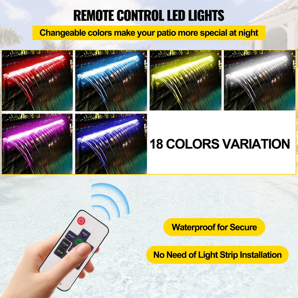 Fuente de piscina VEVOR de acero inoxidable con cascada de 59,4" x 4,5" x 3,1" (ancho x profundidad x alto) con tira de luces LED