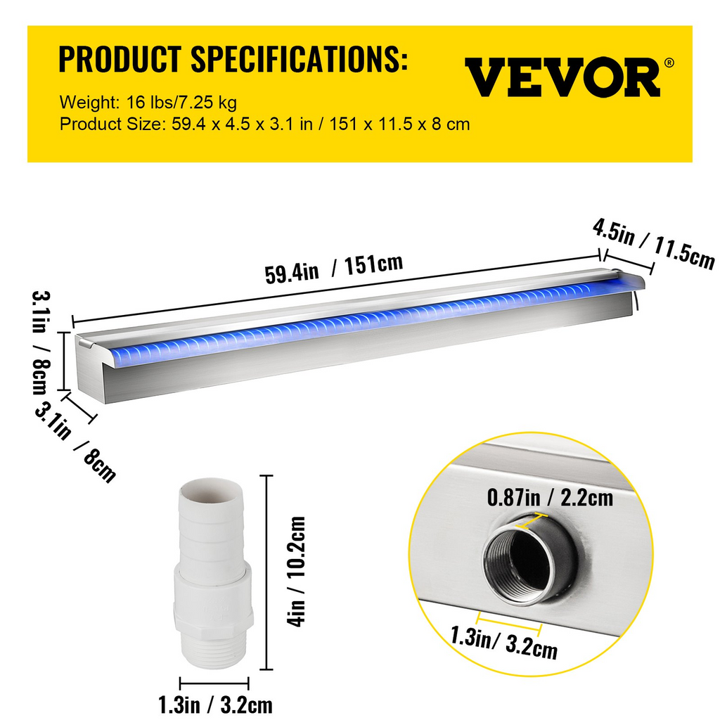 Fuente de piscina VEVOR de acero inoxidable con cascada de 59,4" x 4,5" x 3,1" (ancho x profundidad x alto) con tira de luces LED