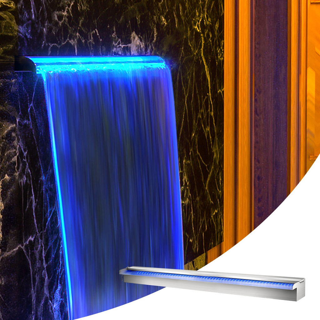 Fuente de piscina VEVOR de acero inoxidable con cascada de 59,4" x 4,5" x 3,1" (ancho x profundidad x alto) con tira de luces LED