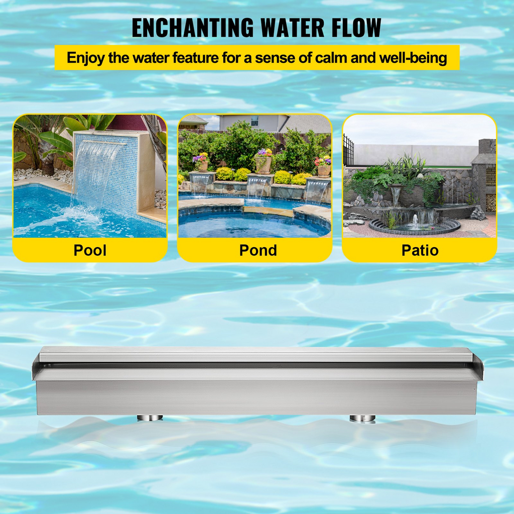 Fuente de piscina VEVOR de acero inoxidable con cascada de 60 x 11,4 x 7,9 cm