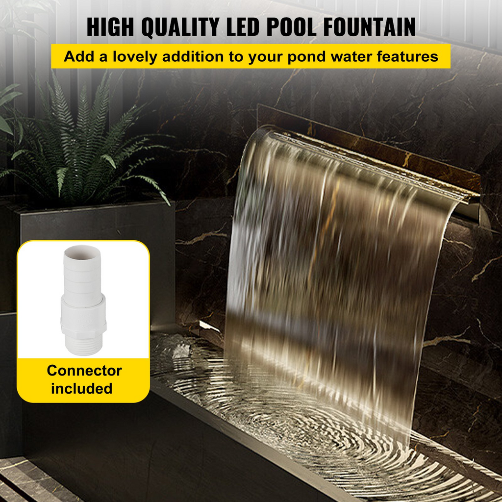 Fuente de piscina VEVOR de acero inoxidable con cascada de 30 x 11,4 x 7,9 cm (ancho x profundidad x alto) con tira de luces LED