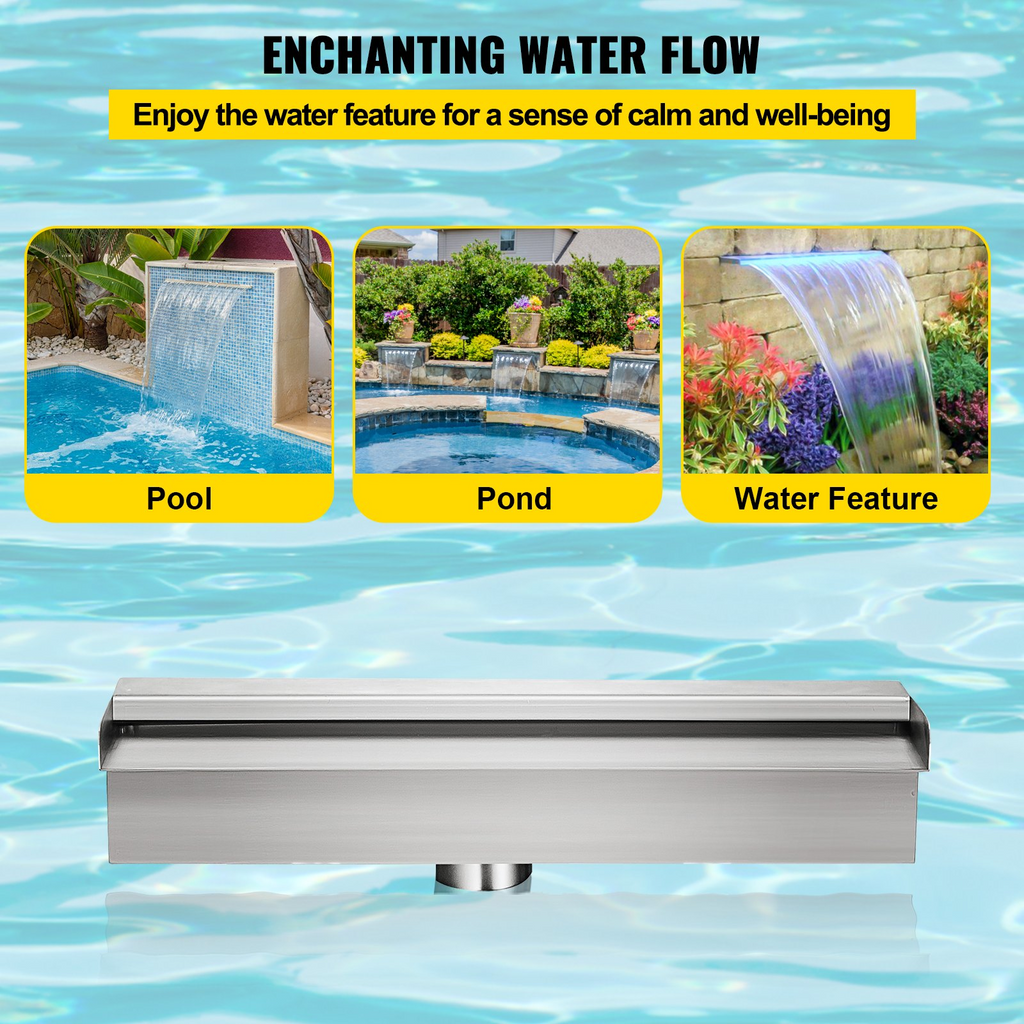 Fuente de piscina VEVOR de acero inoxidable con cascada de 30 x 11,4 x 7,9 cm (ancho x profundidad x alto) con tira de luces LED