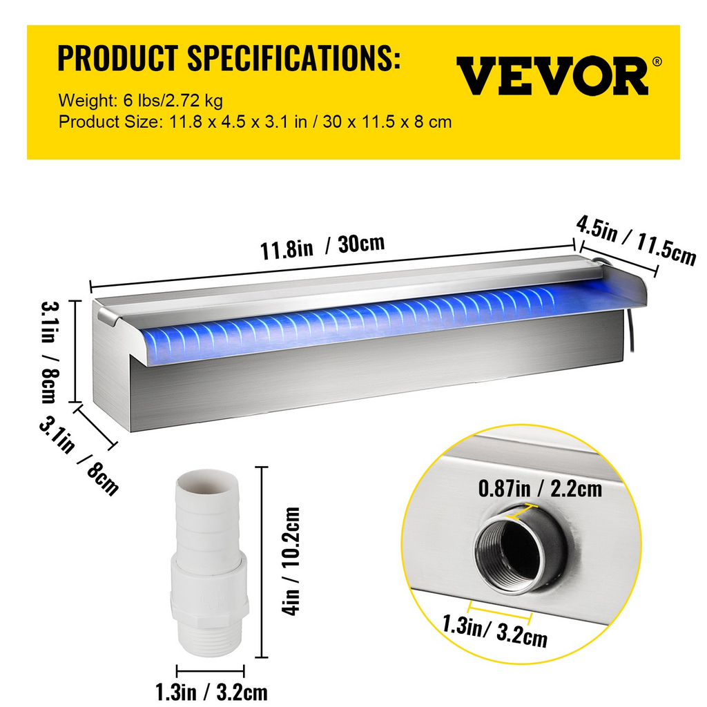 Fuente de piscina VEVOR de acero inoxidable con cascada de 30 x 11,4 x 7,9 cm (ancho x profundidad x alto) con tira de luces LED