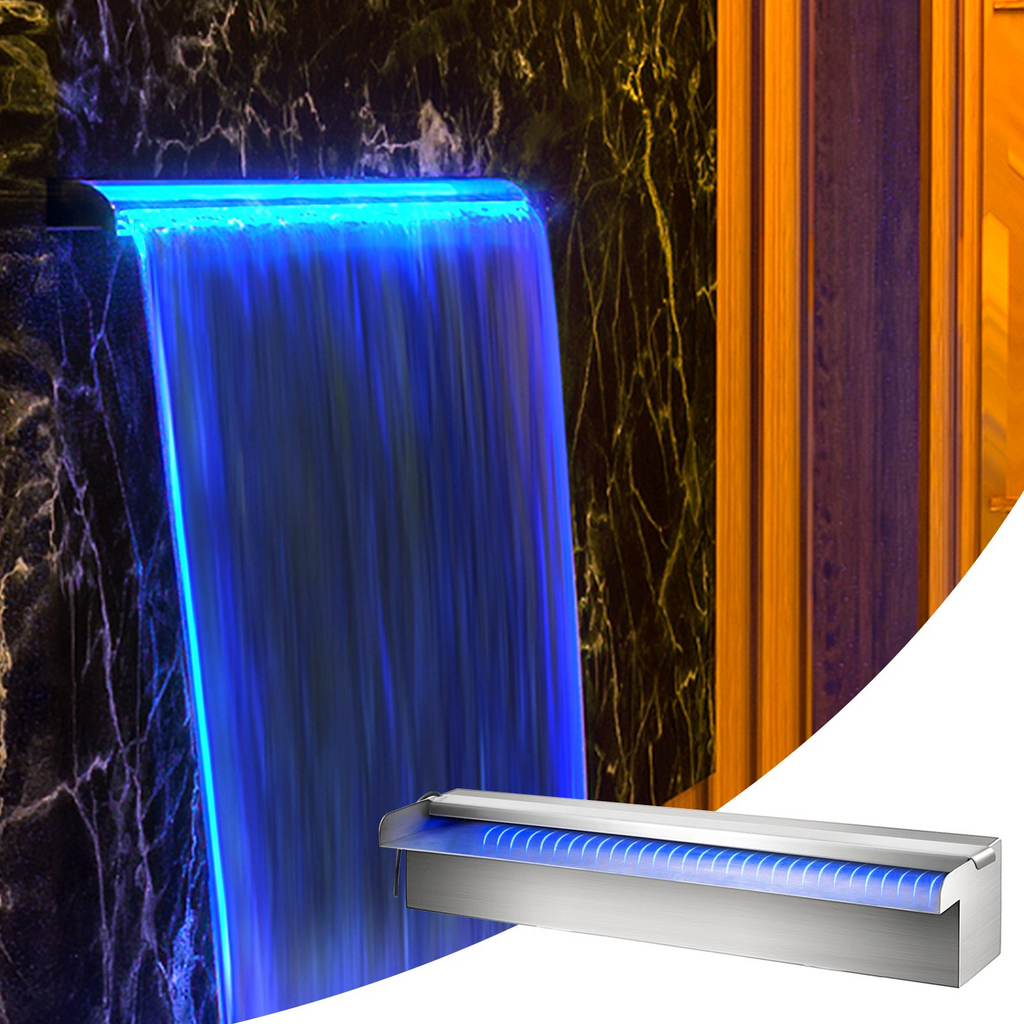 Fuente de piscina VEVOR de acero inoxidable con cascada de 30 x 11,4 x 7,9 cm (ancho x profundidad x alto) con tira de luces LED