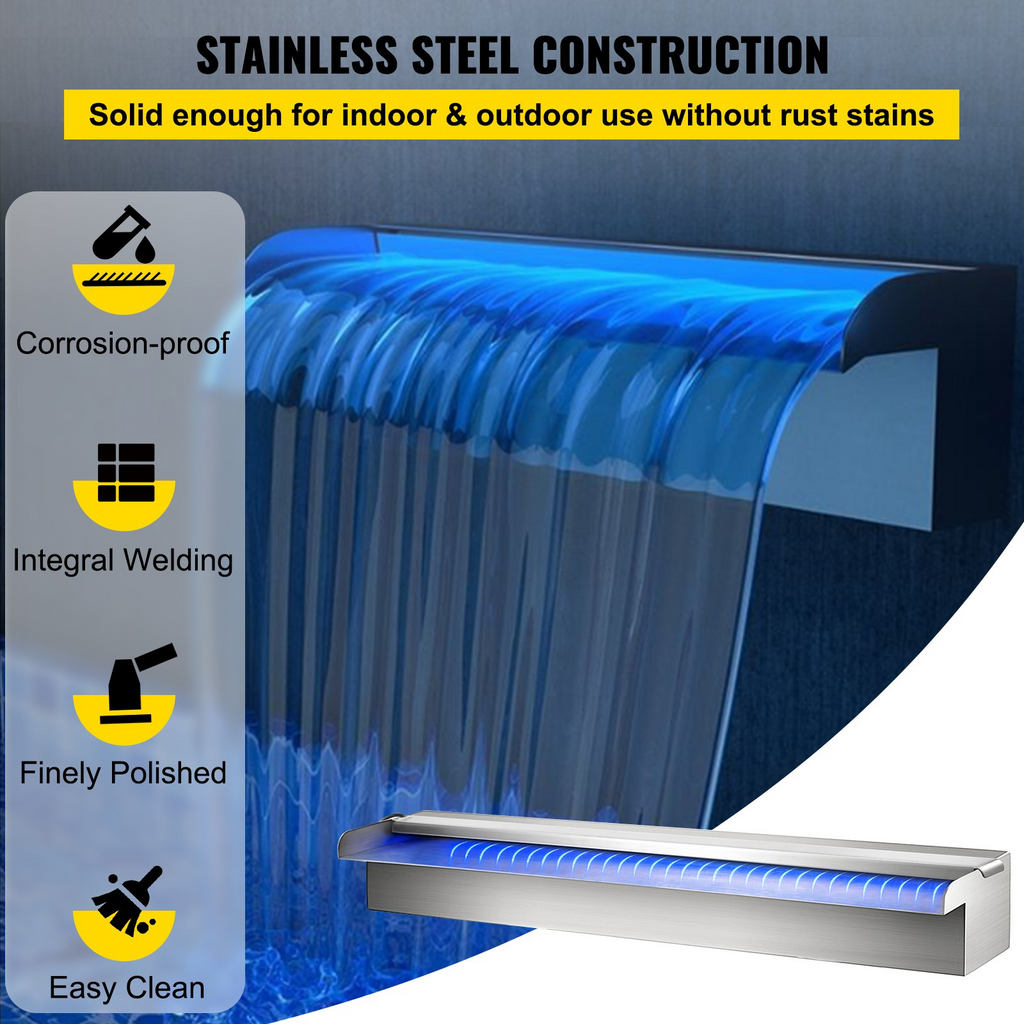 Fuente de piscina VEVOR de acero inoxidable de 23,6" x 4,5" x 3,1" (ancho x profundidad x alto) con tira de luz LED