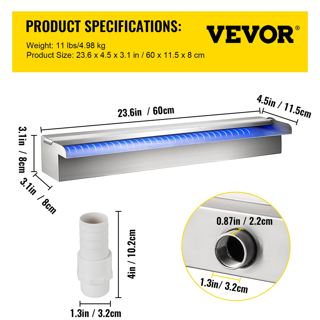 Fuente de piscina VEVOR de acero inoxidable de 23,6" x 4,5" x 3,1" (ancho x profundidad x alto) con tira de luz LED