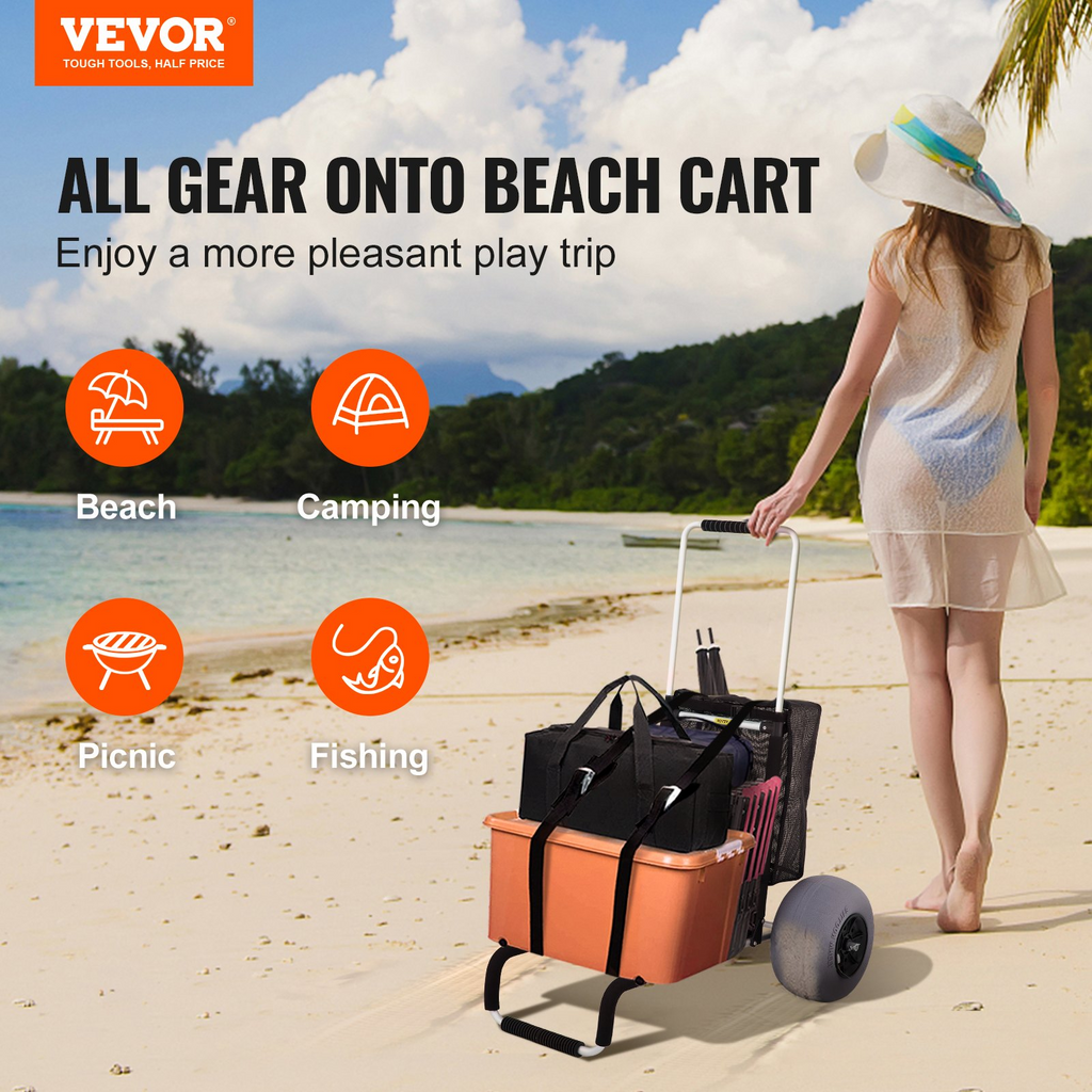 Carritos de playa VEVOR para arena de 23" x 15" con ruedas tipo globo de TPU de 13" capacidad de carga de 165 libras y altura ajustable de 33,1" a 51,6"