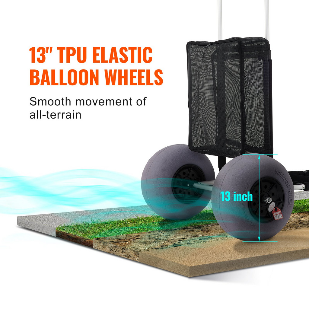 Carritos de playa VEVOR para arena de 23" x 15" con ruedas tipo globo de TPU de 13" capacidad de carga de 165 libras y altura ajustable de 33,1" a 51,6"
