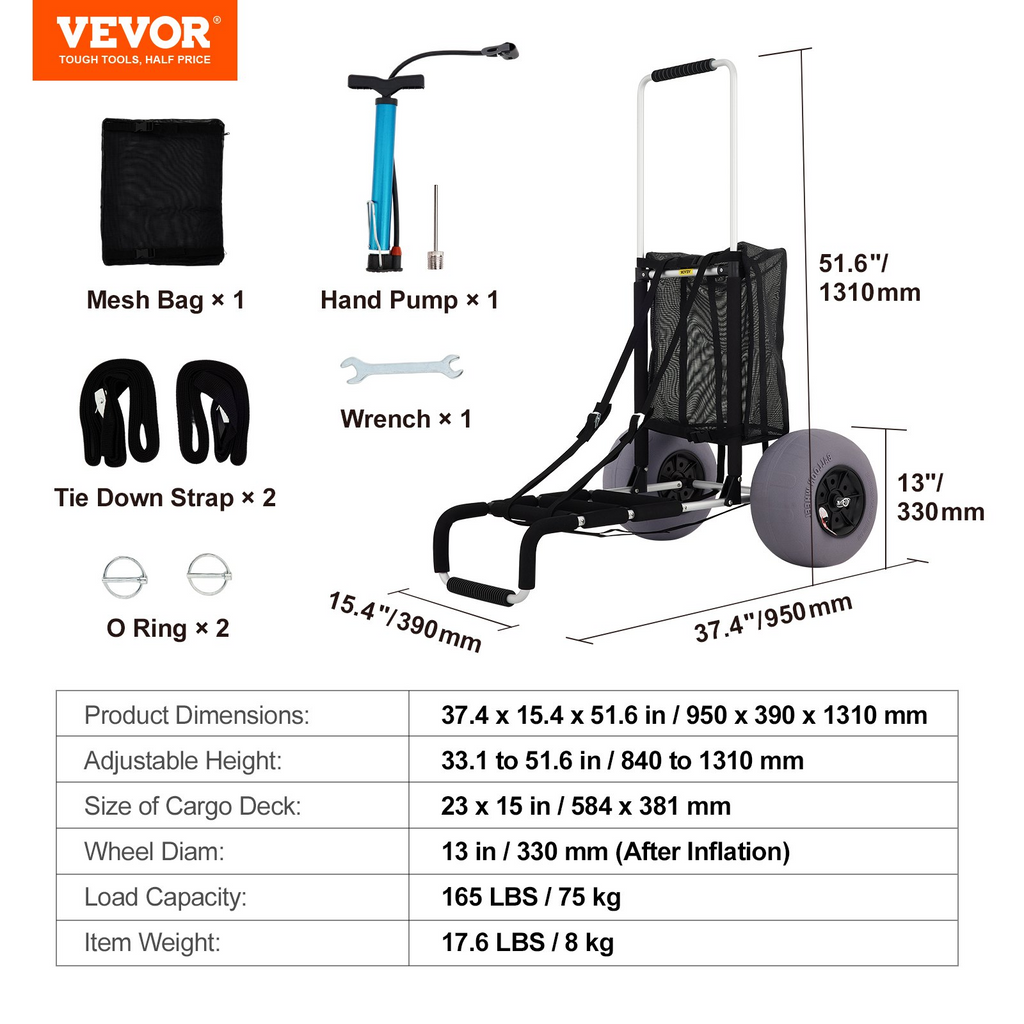 Carritos de playa VEVOR para arena de 23" x 15" con ruedas tipo globo de TPU de 13" capacidad de carga de 165 libras y altura ajustable de 33,1" a 51,6"