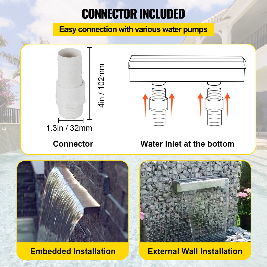Fuente de piscina VEVOR de acero inoxidable con cascada y conector de tubería rectangular para jardín y exterior (59,1")