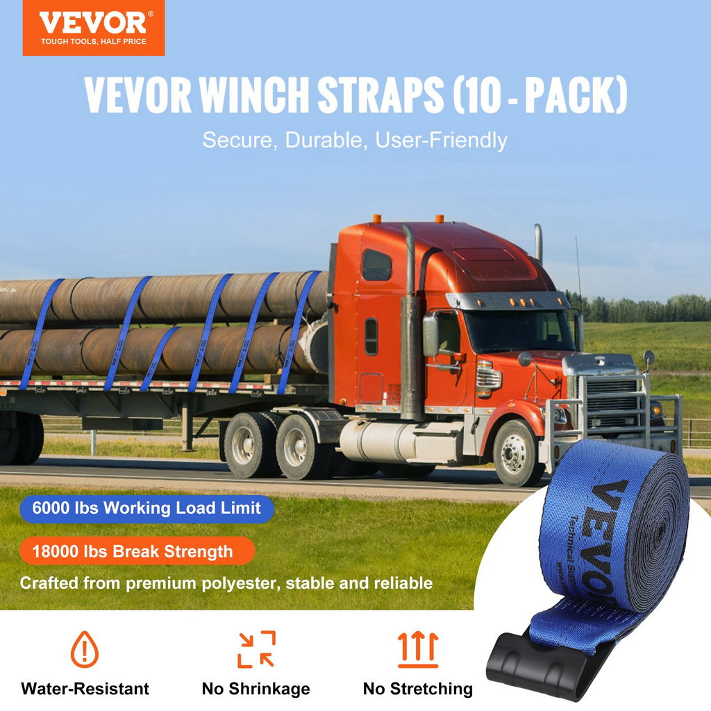 Correas de cabrestante VEVOR 4" x 30' capacidad de carga de 6000 lb resistencia a la rotura de 18000 lb (paquete de 10)