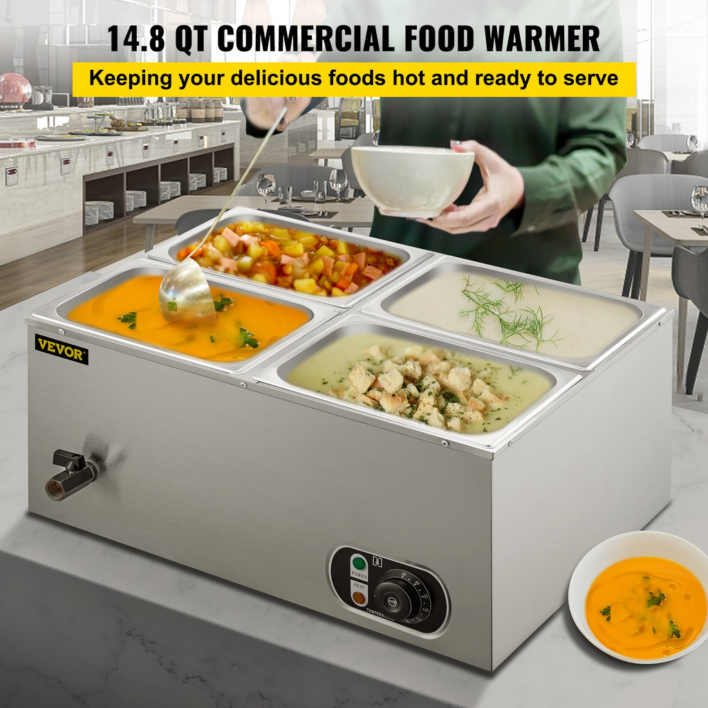 Calentador de alimentos comercial VEVOR de 110 V 4 bandejas de acero inoxidable de 1/4 GN capacidad de 14,8 cuartos de galón mesa de vapor de 1500 W 15 cm/6 pulgadas de profundidad