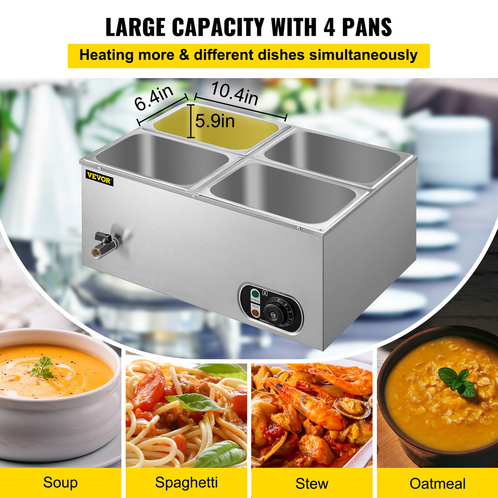 Calentador de alimentos comercial VEVOR de 110 V 4 bandejas de acero inoxidable de 1/4 GN capacidad de 14,8 cuartos de galón mesa de vapor de 1500 W 15 cm/6 pulgadas de profundidad