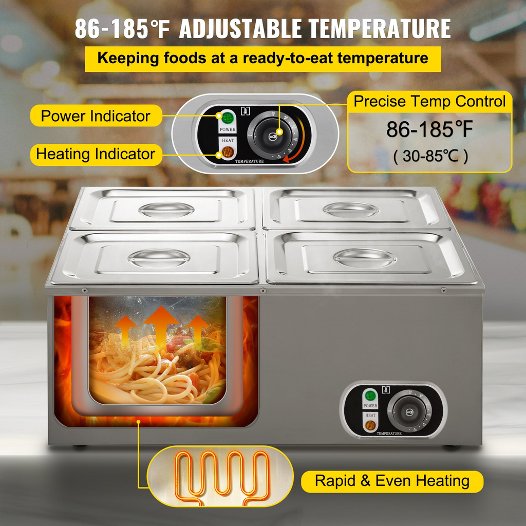 Calentador de alimentos comercial VEVOR de 110 V 4 bandejas de acero inoxidable de 1/4 GN capacidad de 14,8 cuartos de galón mesa de vapor de 1500 W 15 cm/6 pulgadas de profundidad