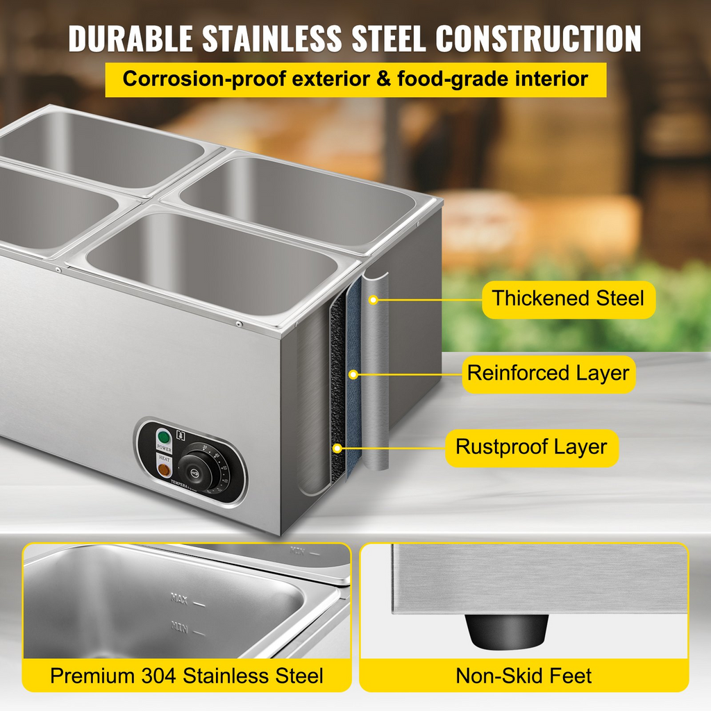 Calentador de alimentos comercial VEVOR de 110 V 4 bandejas de acero inoxidable de 1/4 GN capacidad de 14,8 cuartos de galón mesa de vapor de 1500 W 15 cm/6 pulgadas de profundidad