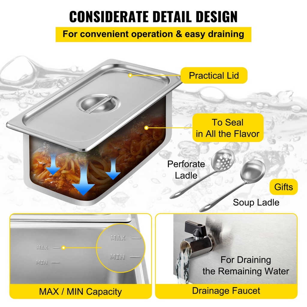 Calentador de alimentos comercial VEVOR de 110 V 4 bandejas de acero inoxidable de 1/4 GN capacidad de 14,8 cuartos de galón mesa de vapor de 1500 W 15 cm/6 pulgadas de profundidad