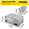 Calentador de alimentos comercial VEVOR de 110 V 4 bandejas de acero inoxidable de 1/4 GN capacidad de 14,8 cuartos de galón mesa de vapor de 1500 W 15 cm/6 pulgadas de profundidad