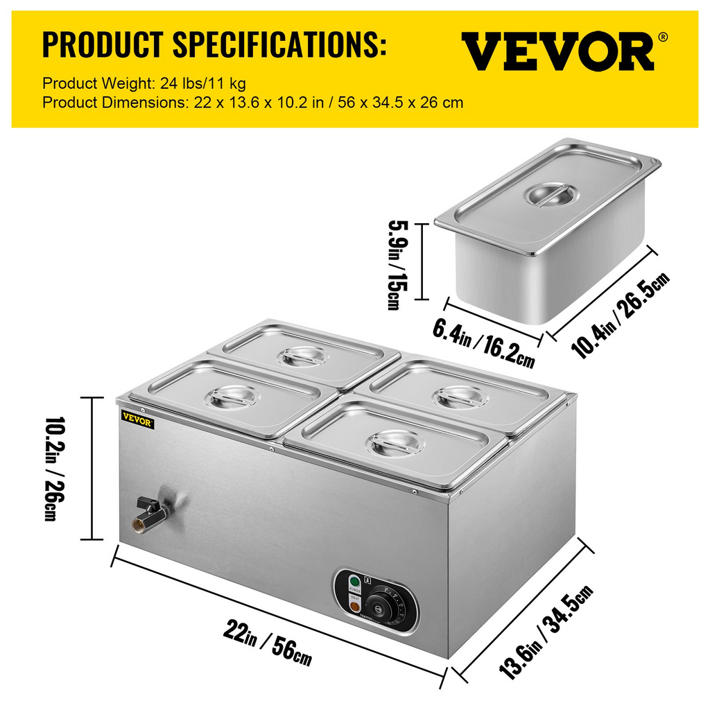 Calentador de alimentos comercial VEVOR de 110 V 4 bandejas de acero inoxidable de 1/4 GN capacidad de 14,8 cuartos de galón mesa de vapor de 1500 W 15 cm/6 pulgadas de profundidad