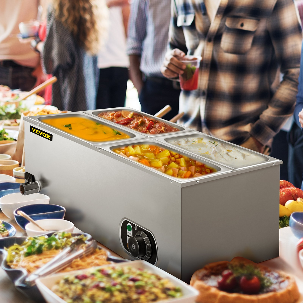 Calentador de alimentos comercial VEVOR de 110 V 4 bandejas de acero inoxidable de 1/4 GN capacidad de 14,8 cuartos de galón mesa de vapor de 1500 W 15 cm/6 pulgadas de profundidad