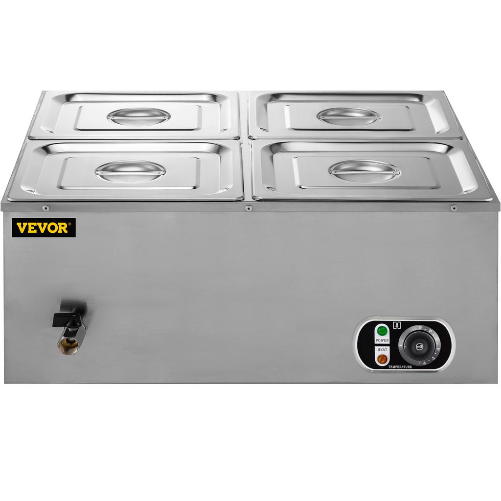 Calentador de alimentos comercial VEVOR de 110 V 4 bandejas de acero inoxidable de 1/4 GN capacidad de 14,8 cuartos de galón mesa de vapor de 1500 W 15 cm/6 pulgadas de profundidad