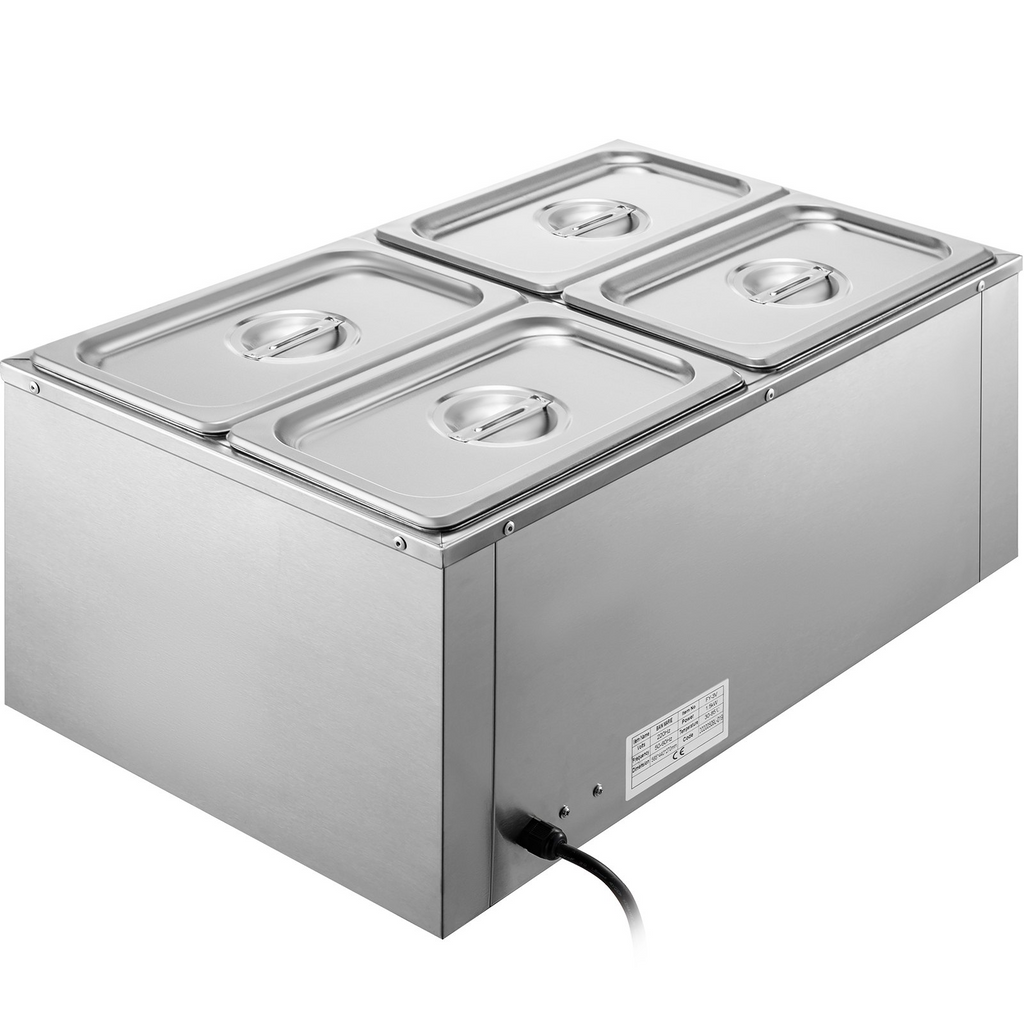 Calentador de alimentos comercial VEVOR de 110 V 4 bandejas de acero inoxidable de 1/4 GN capacidad de 14,8 cuartos de galón mesa de vapor de 1500 W 15 cm/6 pulgadas de profundidad