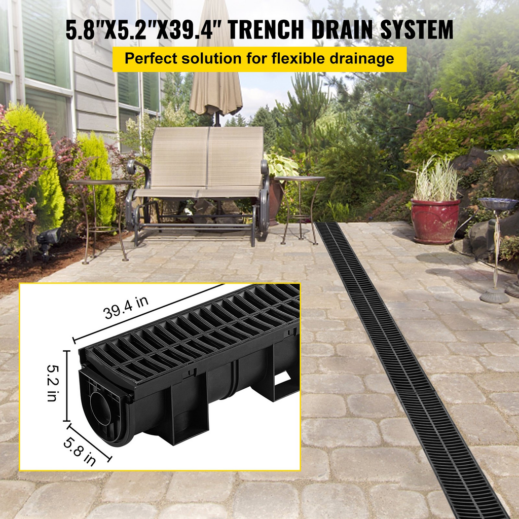 Sistema de drenaje de zanja VEVOR HDPE 5,8 x 5,2 x 39,4" con rejilla de plástico 3 x 39 con 3 tapas de extremo