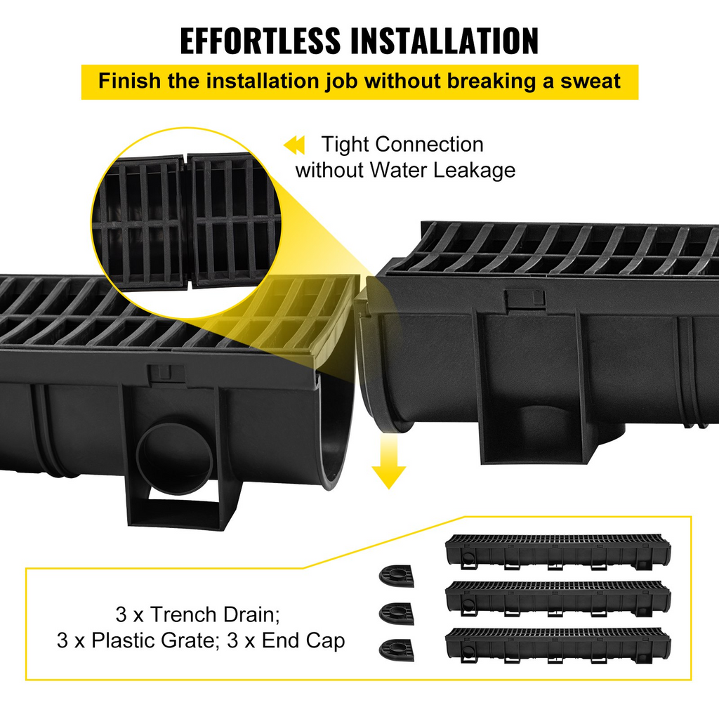 Sistema de drenaje de zanja VEVOR HDPE 5,8 x 5,2 x 39,4" con rejilla de plástico 3 x 39 con 3 tapas de extremo