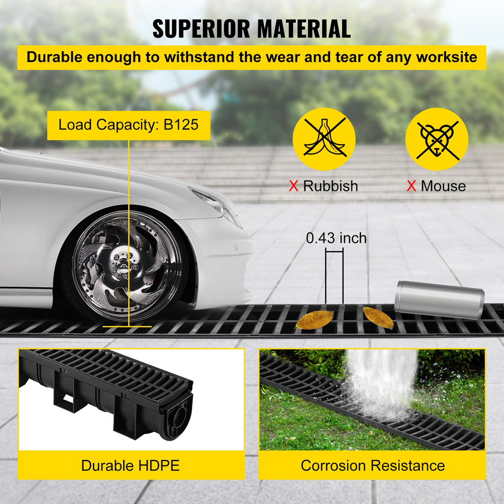 Sistema de drenaje de zanja VEVOR HDPE 5,8 x 5,2 x 39,4" con rejilla de plástico 3 x 39 con 3 tapas de extremo
