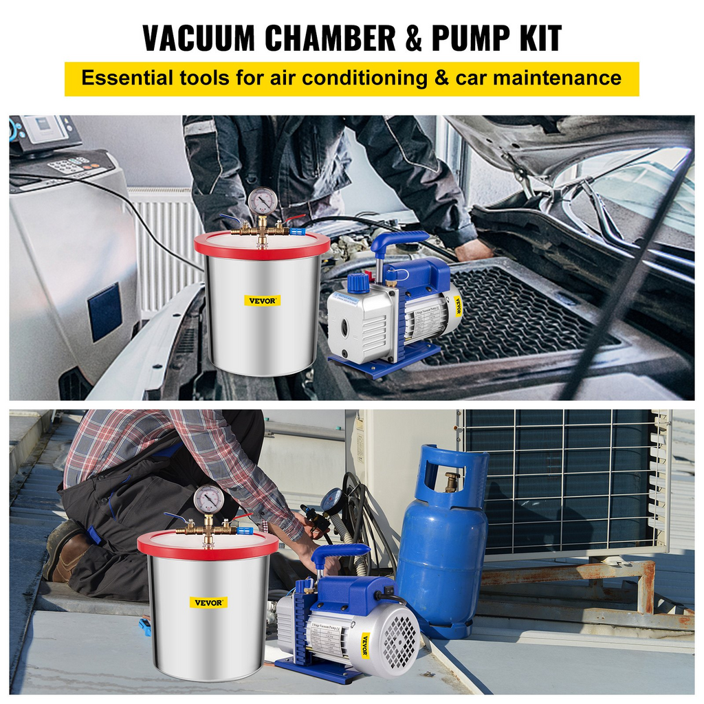 Bomba de vacío VEVOR de 3.6 CFM y 1/4 HP + cámara de vacío de 3 galones acero inoxidable JH2
