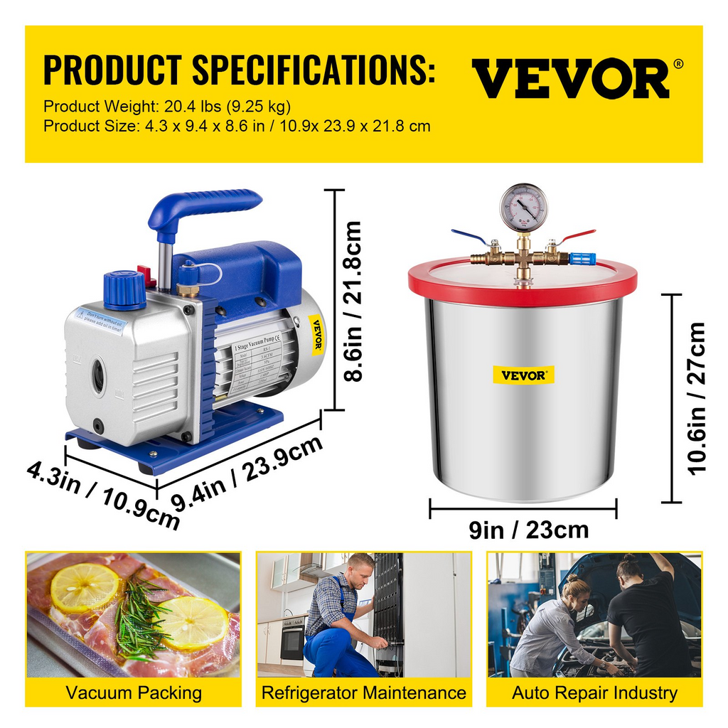 Bomba de vacío VEVOR de 3.6 CFM y 1/4 HP + cámara de vacío de 3 galones acero inoxidable JH2