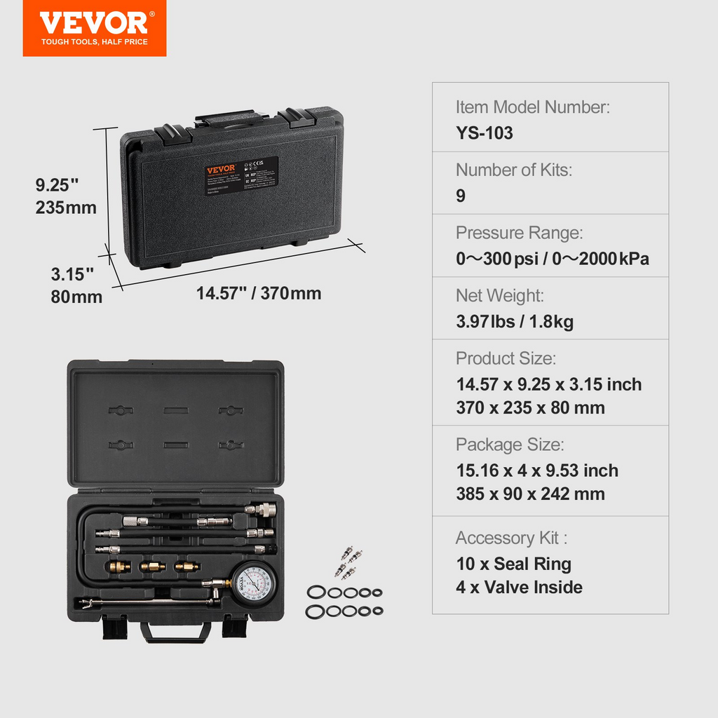 Kit adaptador de comprobador de compresión VEVOR 9 piezas preciso de 0 a 300 psi
