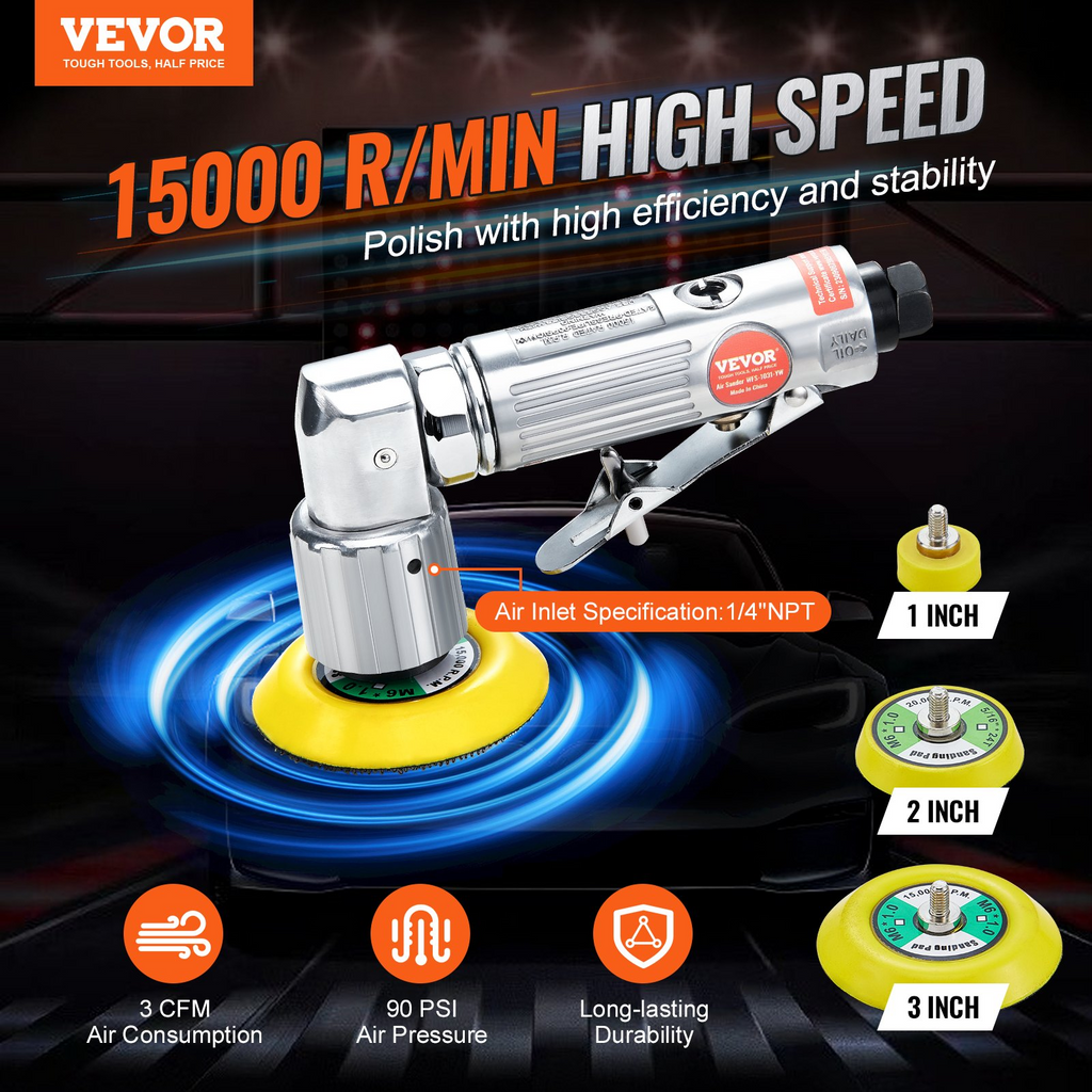 Lijadora neumática orbital VEVOR de 1/2/3 pulgadas 15000 RPM con kit de 58 piezas para carrocería
