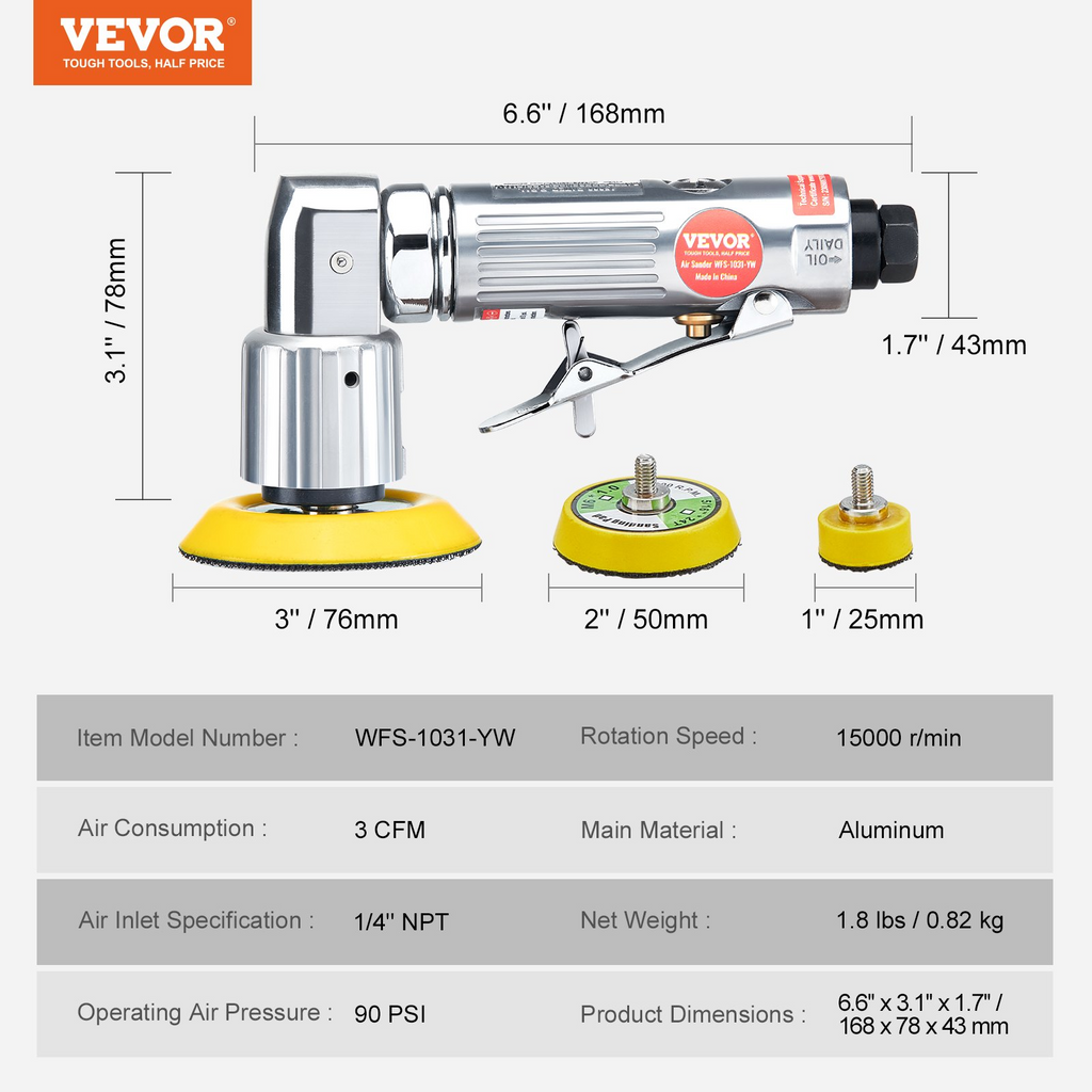 Lijadora neumática orbital VEVOR de 1/2/3 pulgadas 15000 RPM con kit de 58 piezas para carrocería