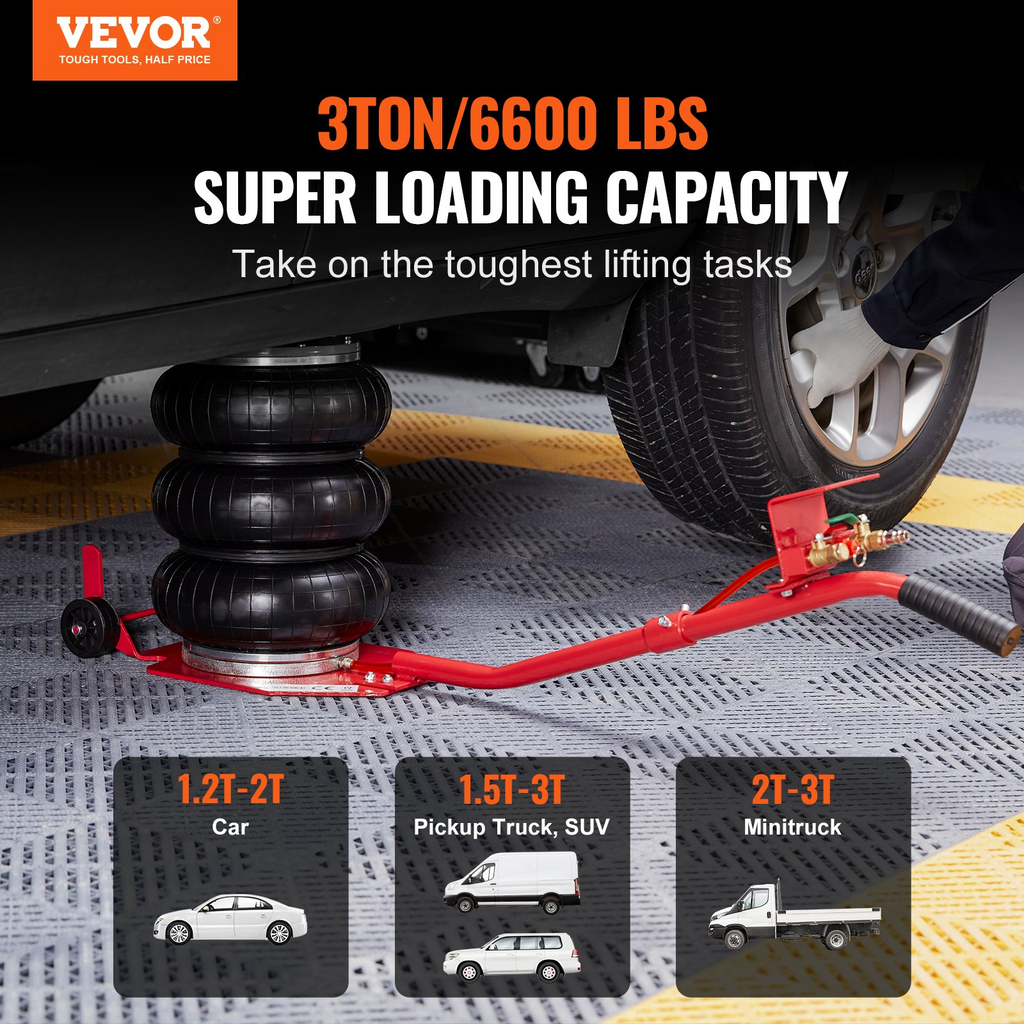 Gato neumático VEVOR de 3 toneladas/6600 libras con triple bolsa elevación de hasta 17,7 pulgadas/450 mm