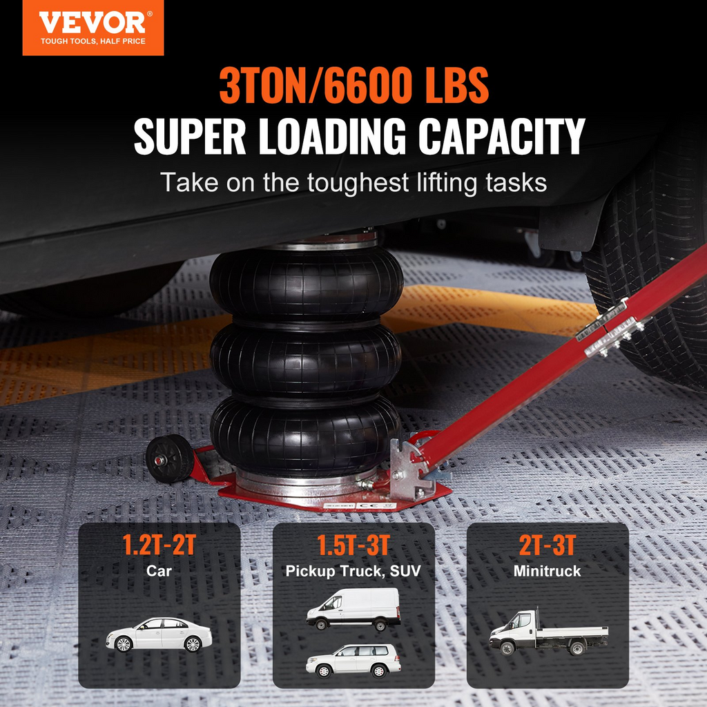 Gato neumático VEVOR de 3 toneladas/6600 lb elevación de hasta 17,7" elevación rápida de 3 a 5 s