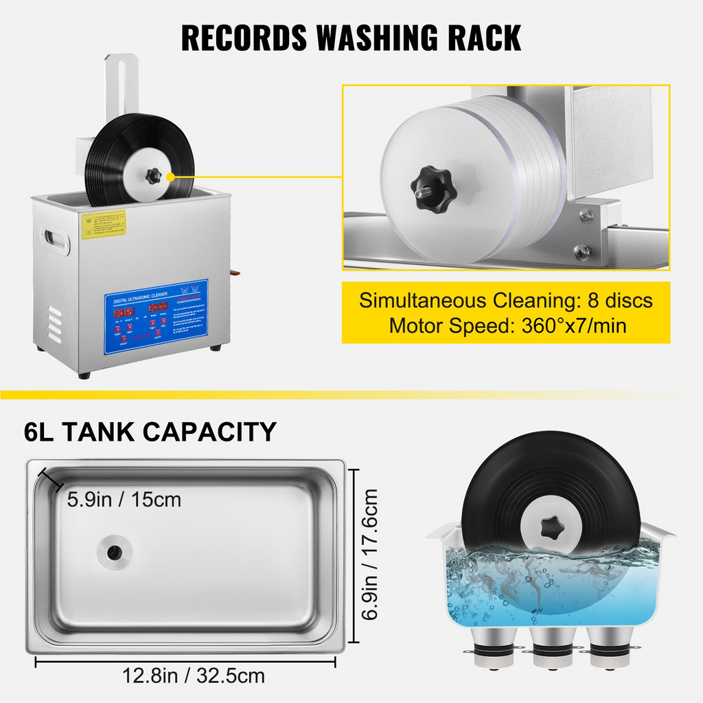 Limpiador ultrasónico VEVOR de 6 l limpiador ultrasónico de vinilo de 7 a 12 pulgadas de 8 discos 180 W
