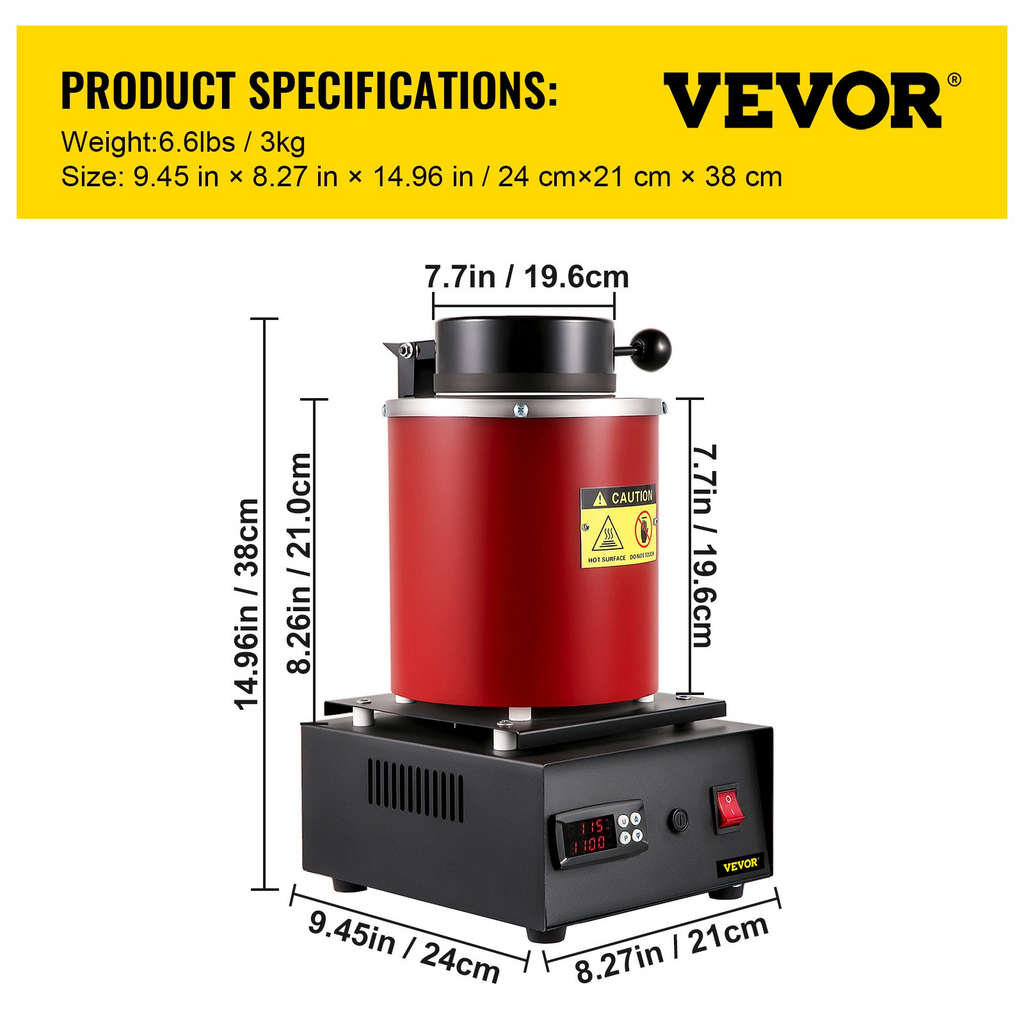 Horno de fusión eléctrico VEVOR, horno de fusión eléctrico digital de 3 kg, 1750 W, 1150 ℃/2102 ℉, horno de fundición de oro con crisol de grafito de 1 kg y 3 kg