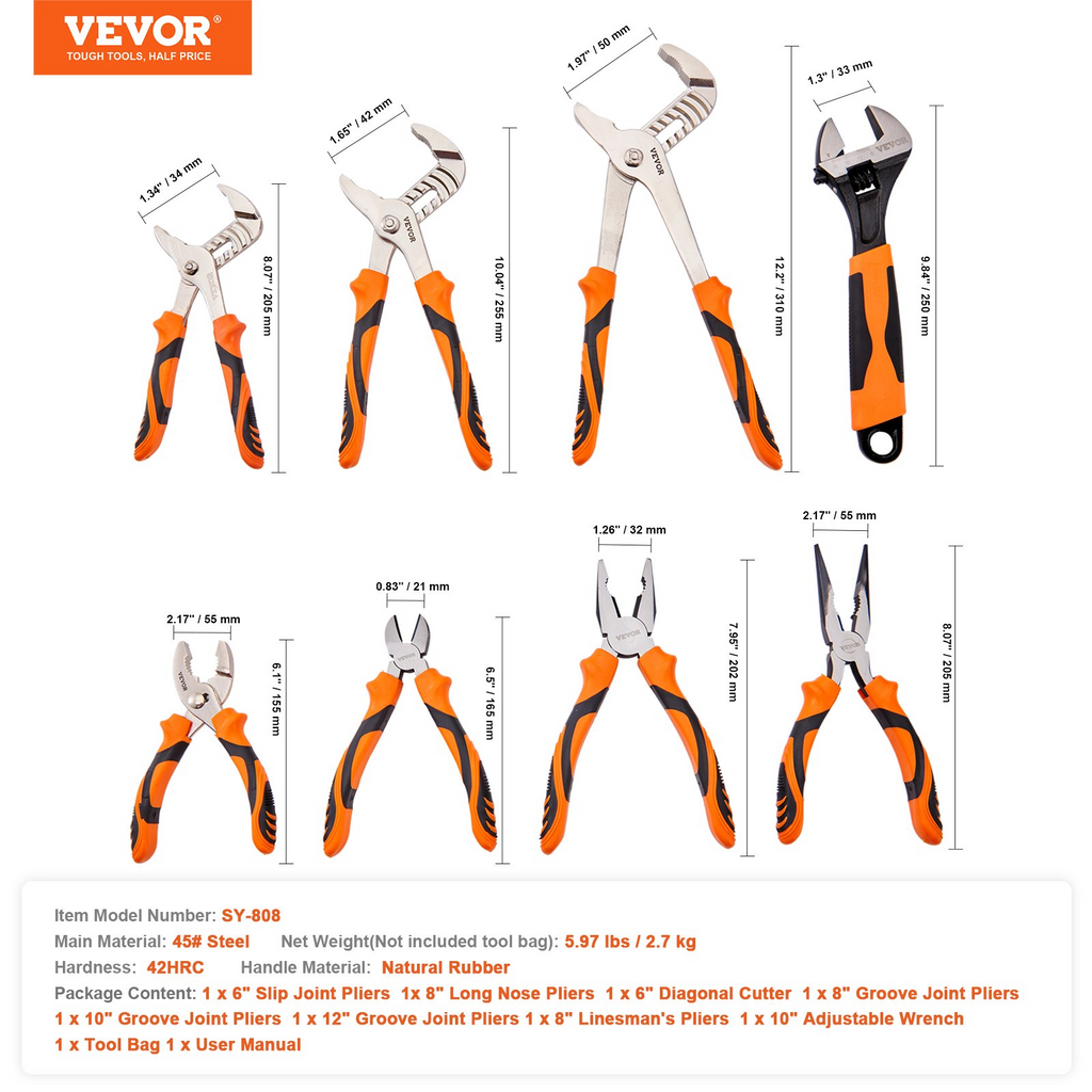 Juego de alicates VEVOR de 8 piezas acero con alto contenido de carbono de unión ranurada de 12" 10" y 8" alicates de liniero de 8" de 6" punta larga de 8" cortador diagonal de 6" llave ajustable de 10"