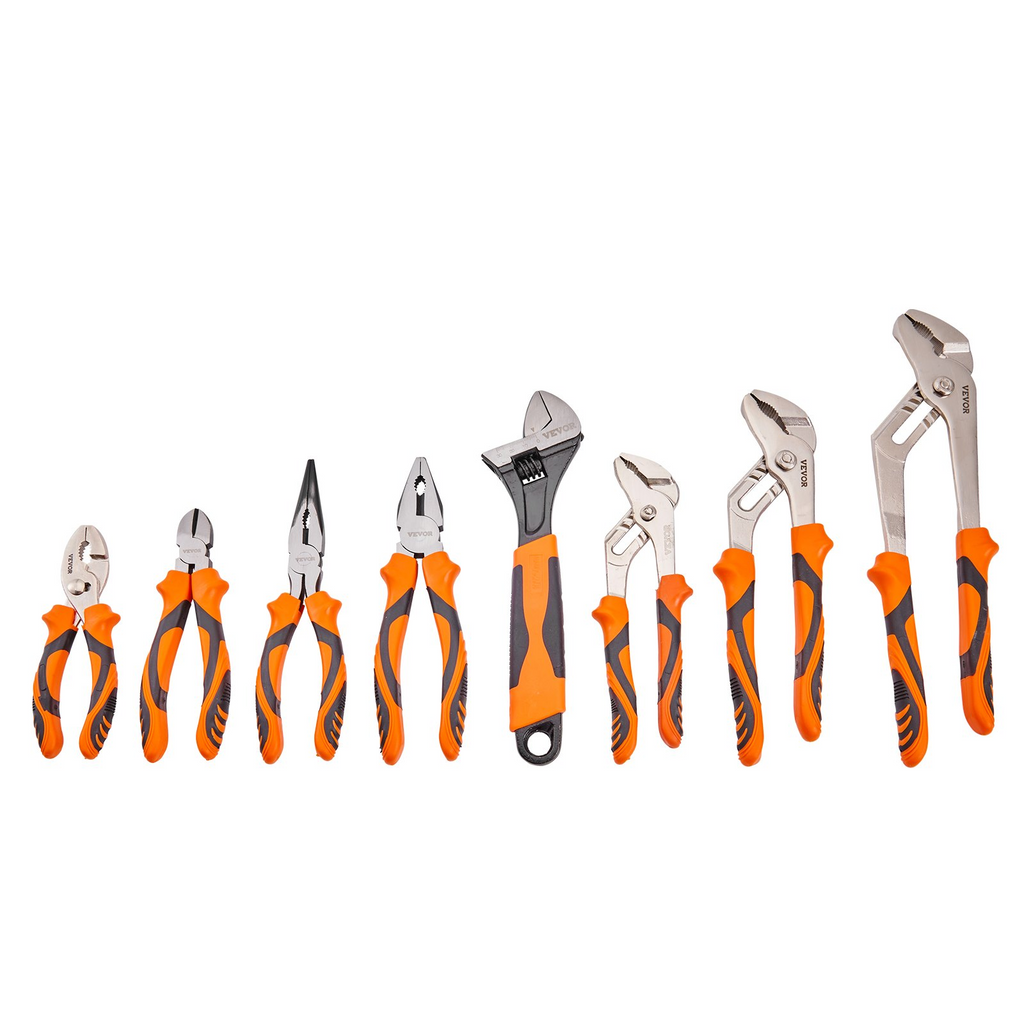 Juego de alicates VEVOR de 8 piezas acero con alto contenido de carbono de unión ranurada de 12" 10" y 8" alicates de liniero de 8" de 6" punta larga de 8" cortador diagonal de 6" llave ajustable de 10"
