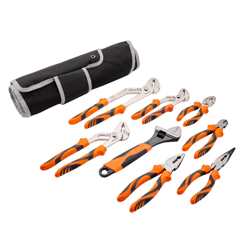 Juego de alicates VEVOR de 8 piezas acero con alto contenido de carbono de unión ranurada de 12" 10" y 8" alicates de liniero de 8" de 6" punta larga de 8" cortador diagonal de 6" llave ajustable de 10"