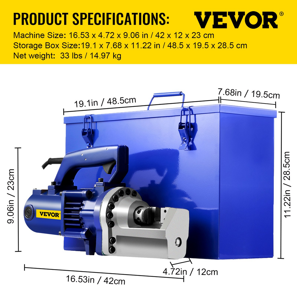 Cortadora de varillas de refuerzo VEVOR de 1350 W y 110 V con cuchillas de mandíbula que corta varillas de refuerzo de 7/8 pulgadas y 22 mm en 4,5 segundos