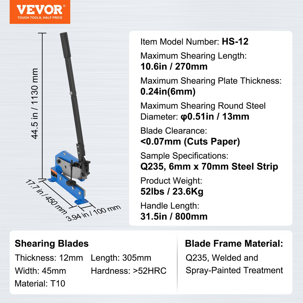 Cizalla manual para placas VEVOR de 12" para procesamiento de láminas de metal cortadora de sobremesa HS-12 con material Q235 para trabajos manuales con acero grueso
