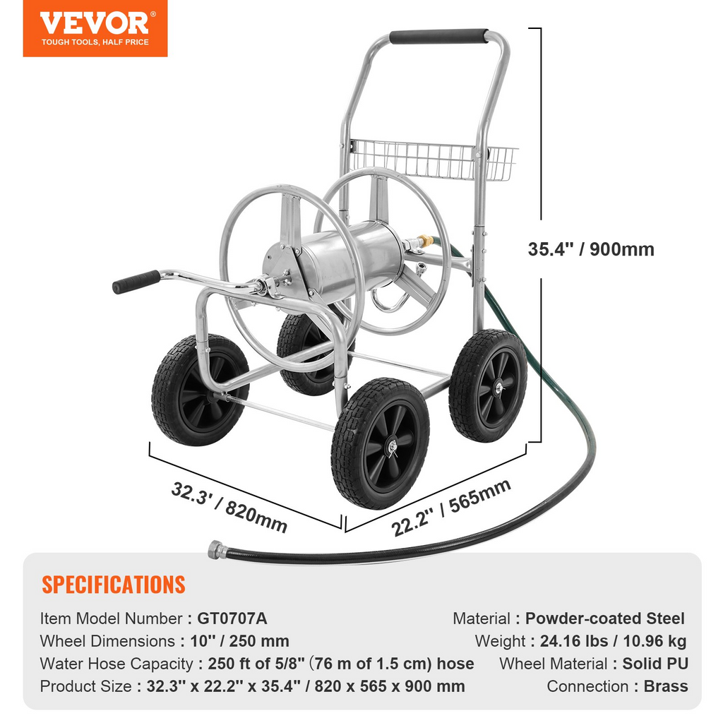 VEVOR - Carrete para manguera con capacidad para hasta 250 pies de manguera de 5/8''