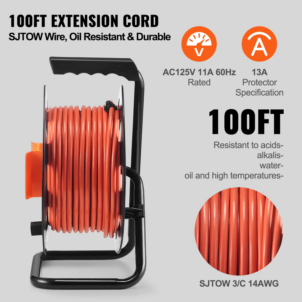 VEVOR - Carrete de cable de extensión de 100 pies con 4 tomas de corriente y cubierta antipolvo