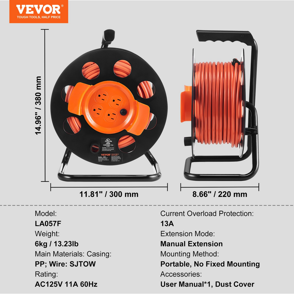 VEVOR - Carrete de cable de extensión de 100 pies con 4 tomas de corriente y cubierta antipolvo